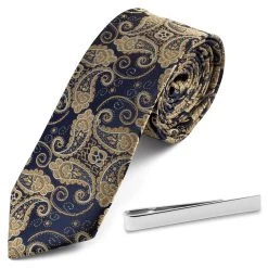 Paisley Necktie And Silver-Tone Tie Bar Set