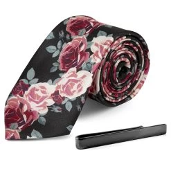 Floral Silk Necktie And Gunmetal Grey Tie Bar Set