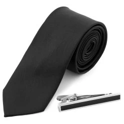 Black Necktie And Silver-Tone Tie Clip Set
