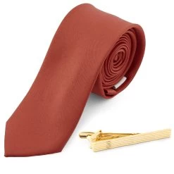 Terracotta Necktie And Gold-Tone Tie Clip Set