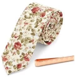 Floral Necktie And Copper-Tone Tie Bar Set