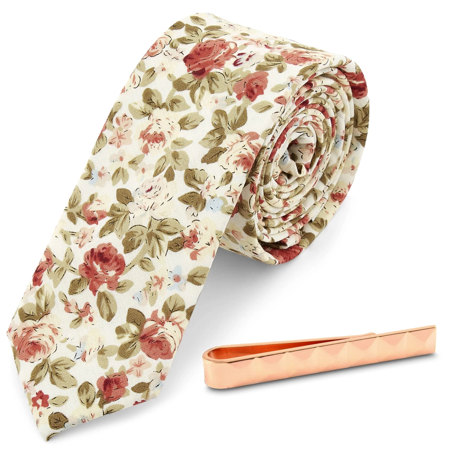 Floral Necktie And Copper-Tone Tie Bar Set