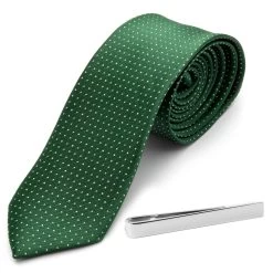 Green Polka Dot Necktie And Silver-Tone Tie Bar Set