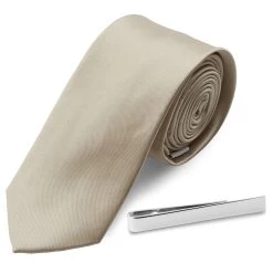 Champagne Necktie And Silver-Tone Tie Bar Set