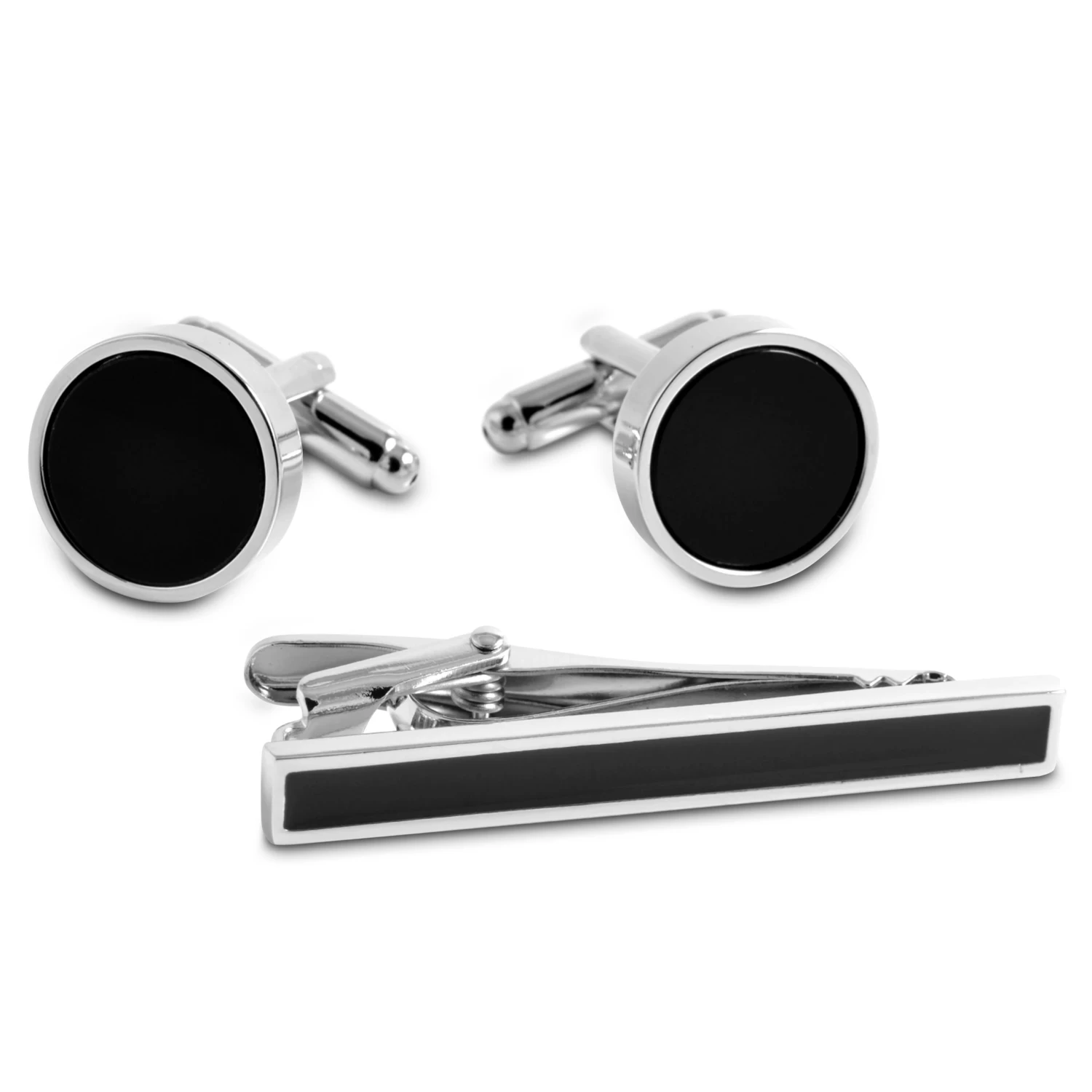 Silver-Tone And Black Tie Clip And Cufflinks Set