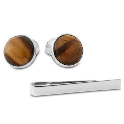 Silver-Tone Tiger’s Eye Tie Bar And Cufflinks Set