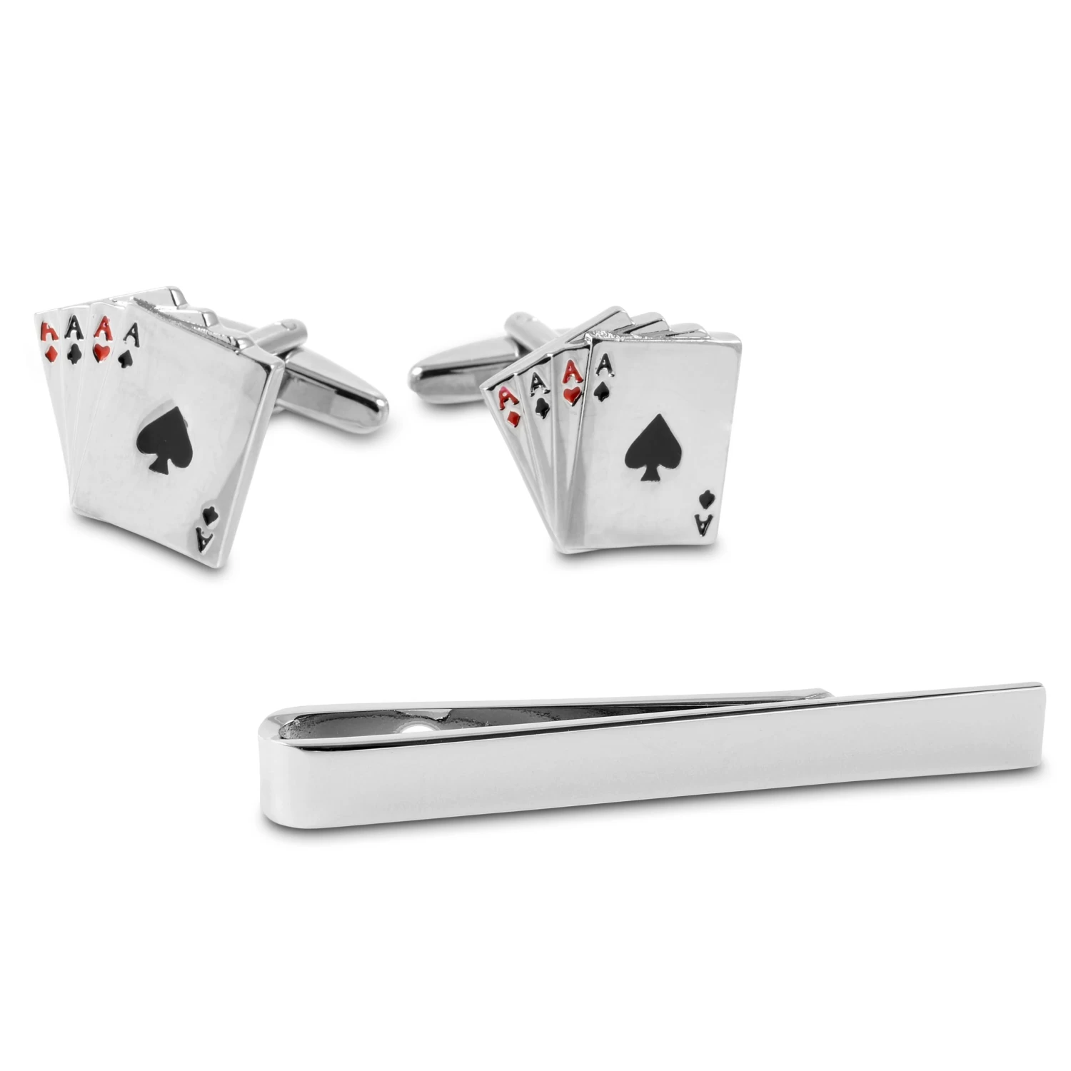 Silver-Tone Poker Tie Bar And Cufflinks Set