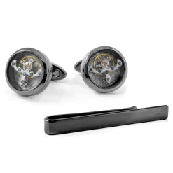 Black Mechanical Movement Tie Bar And Cufflinks Set