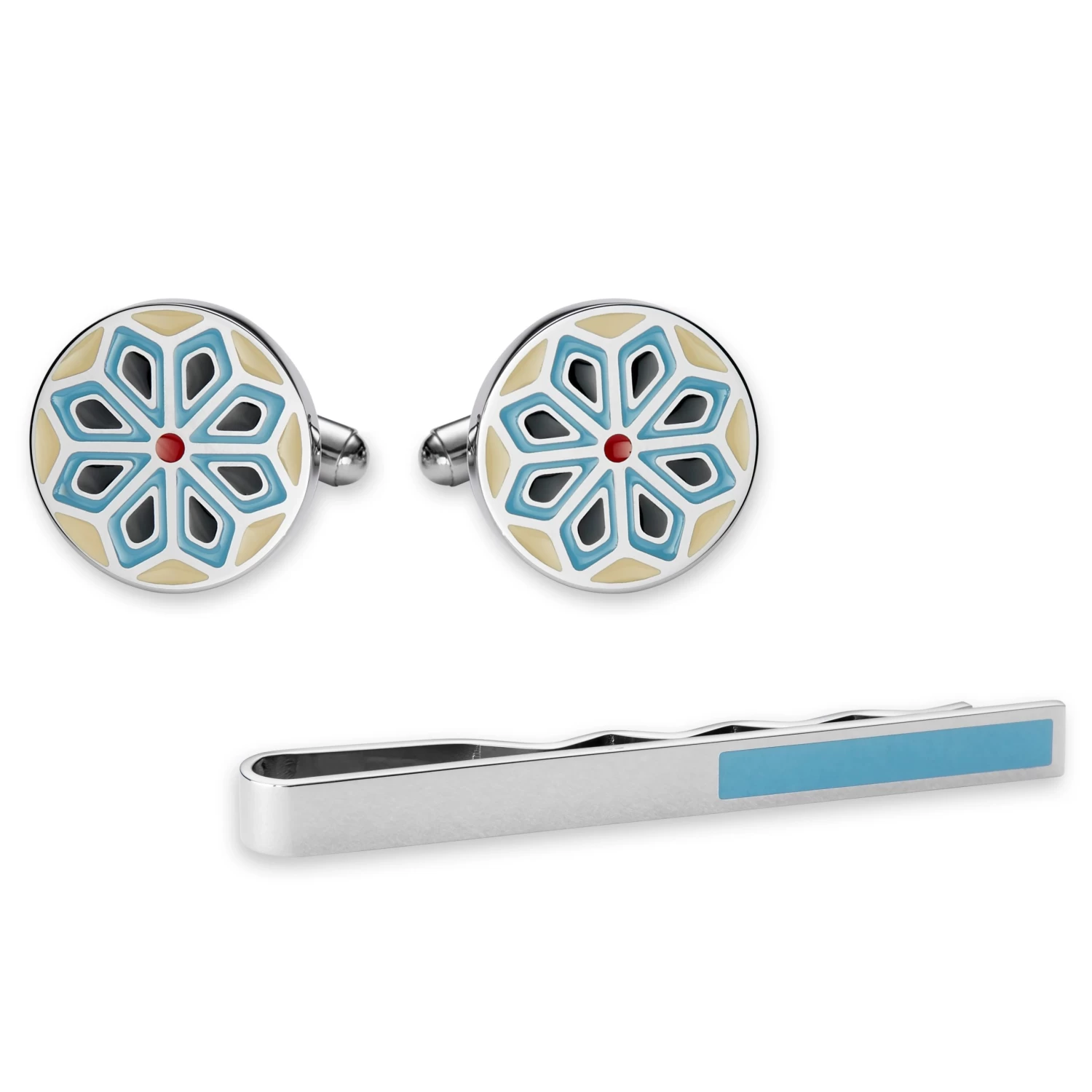 Silver-Tone And Blue Geometric Tie Bar And Cufflinks Set