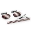 Silver-Tone & Brown Pinstripe Cufflinks & Tie Clip Set