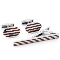 Silver-Tone & Brown Pinstripe Cufflinks & Tie Clip Set