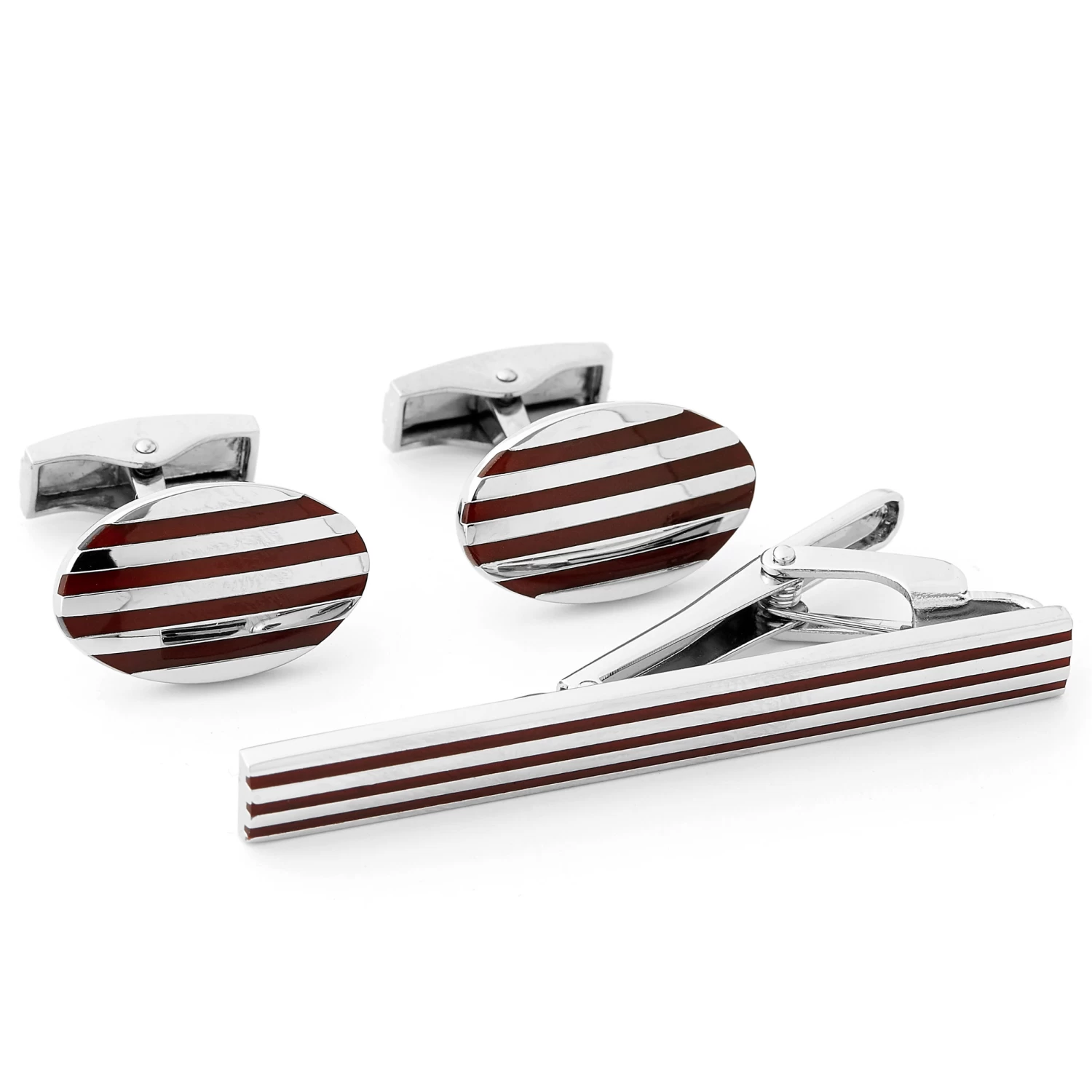 Silver-Tone & Brown Pinstripe Cufflinks & Tie Clip Set