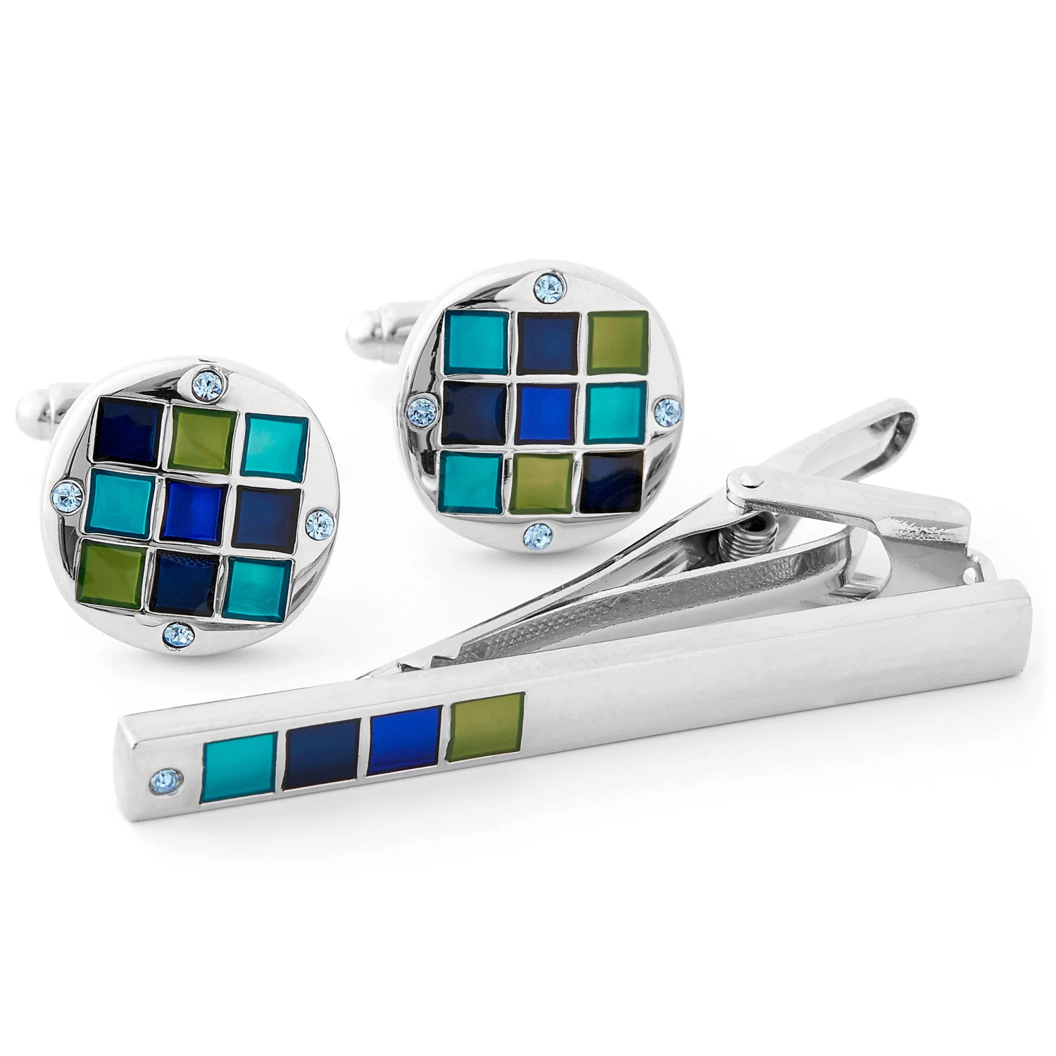 Silver-Tone Blue Marine Stone Cufflinks & Tie Clip Set