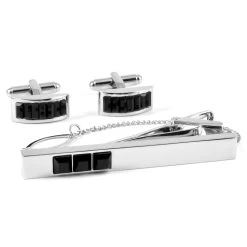 Silver-Tone & Black Stone Classic Cufflinks & Tie Clip Set