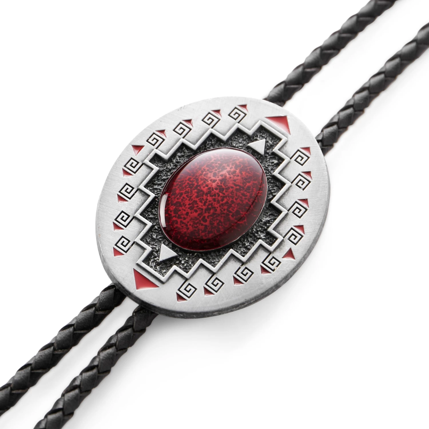 Red Stone & Metal Adjustable Braided Leather Bolo Tie - Image 3
