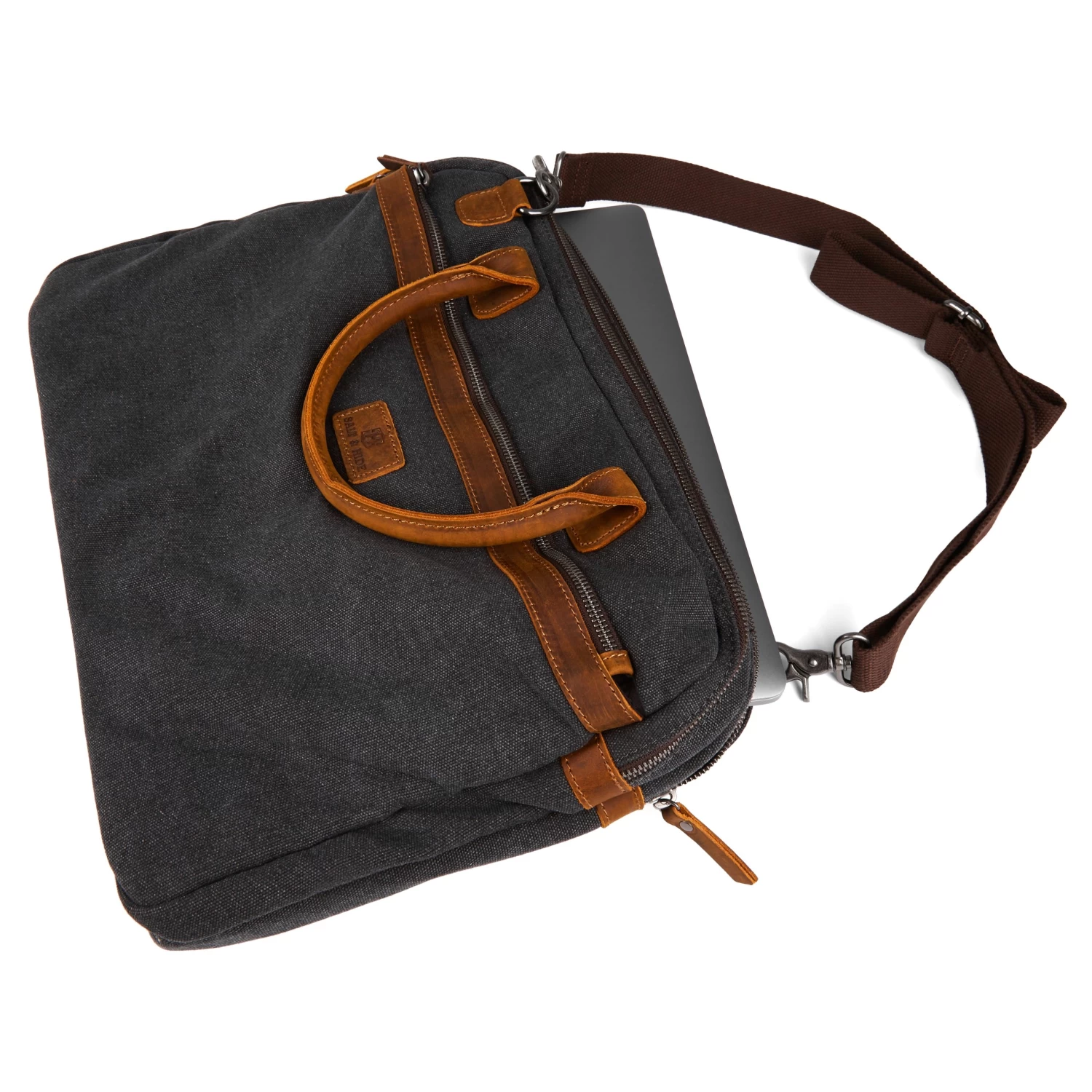 Tarpa | Grey Canvas & Tan Leather Laptop Bag - Image 7
