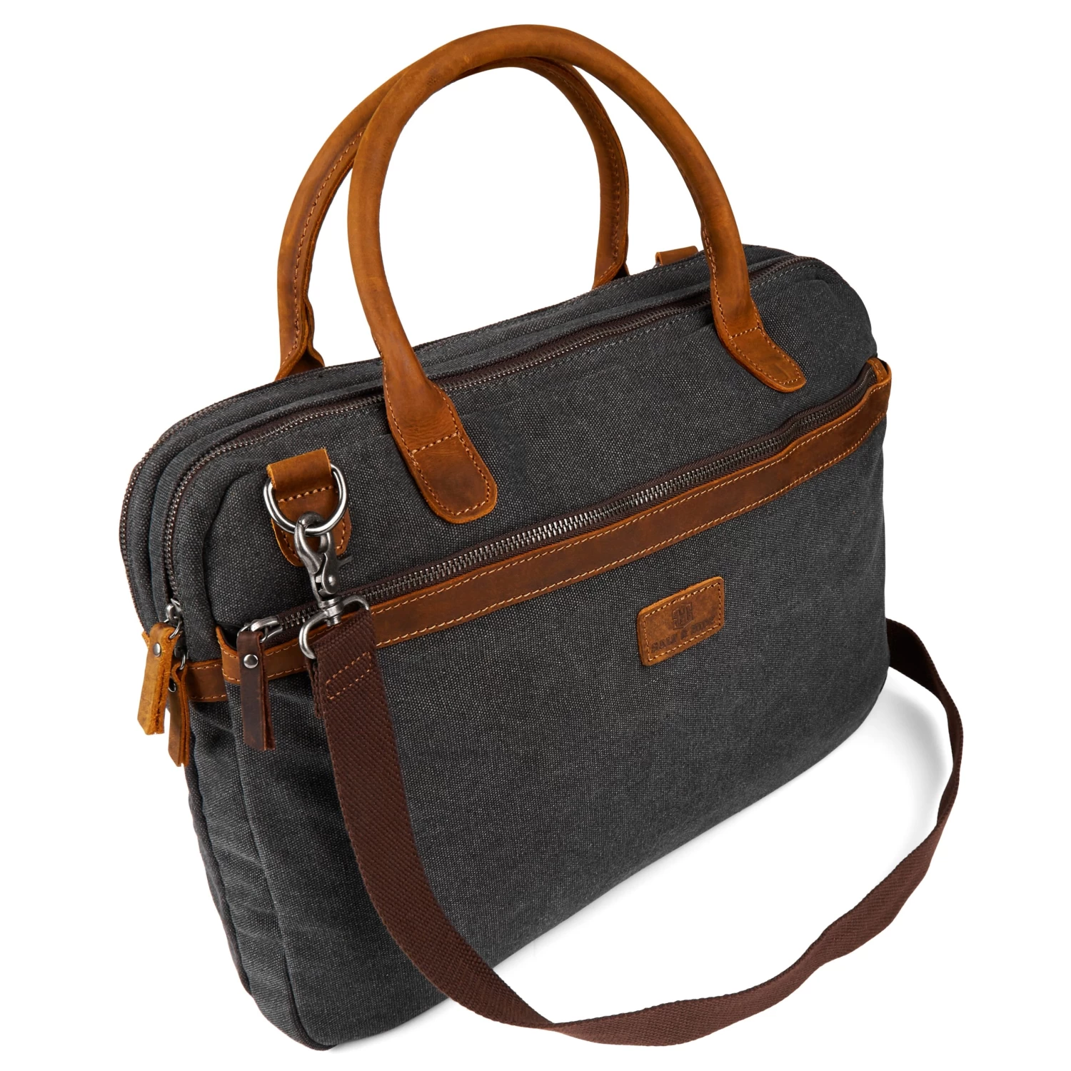 Tarpa | Grey Canvas & Tan Leather Laptop Bag - Image 8
