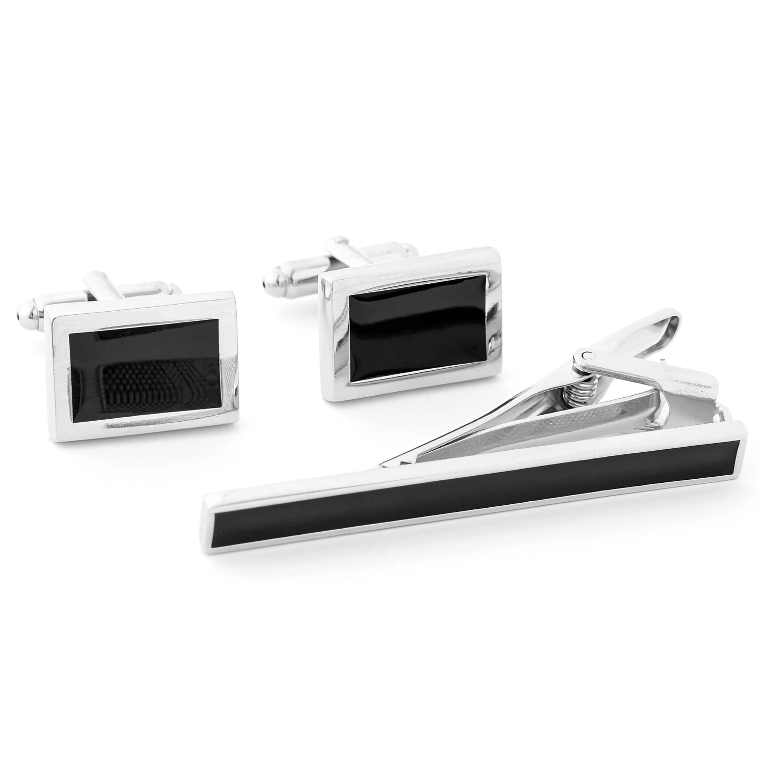 Silver-Tone & Black Blackboard Cufflinks & Tie Clip Set