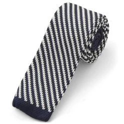 Navy Blue & White Diagonal Striped Polyester Knitted Tie