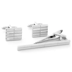 Silver-Tone Cross Pattern Cufflinks & Tie Clip Set