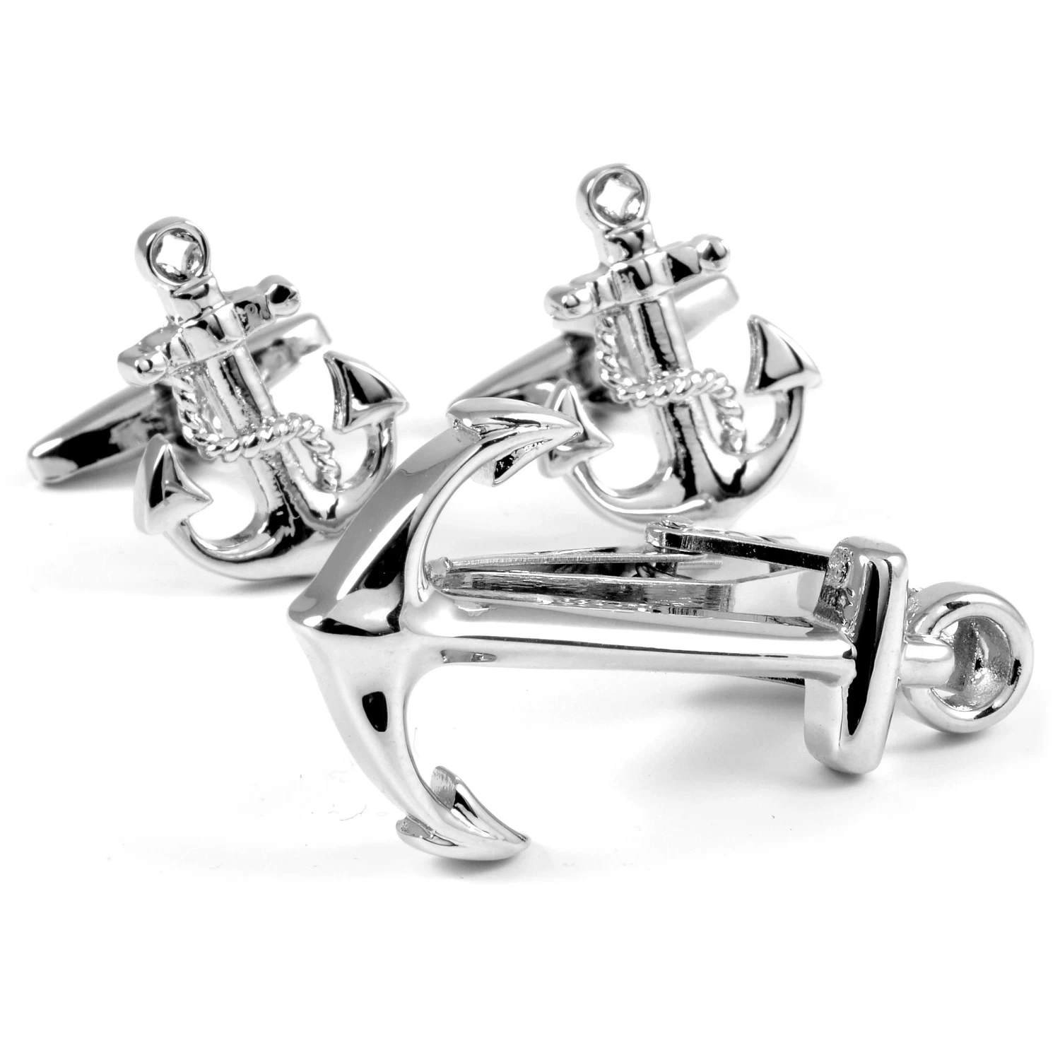 Silver-Tone Anchor Tie Clip & Cufflinks Set