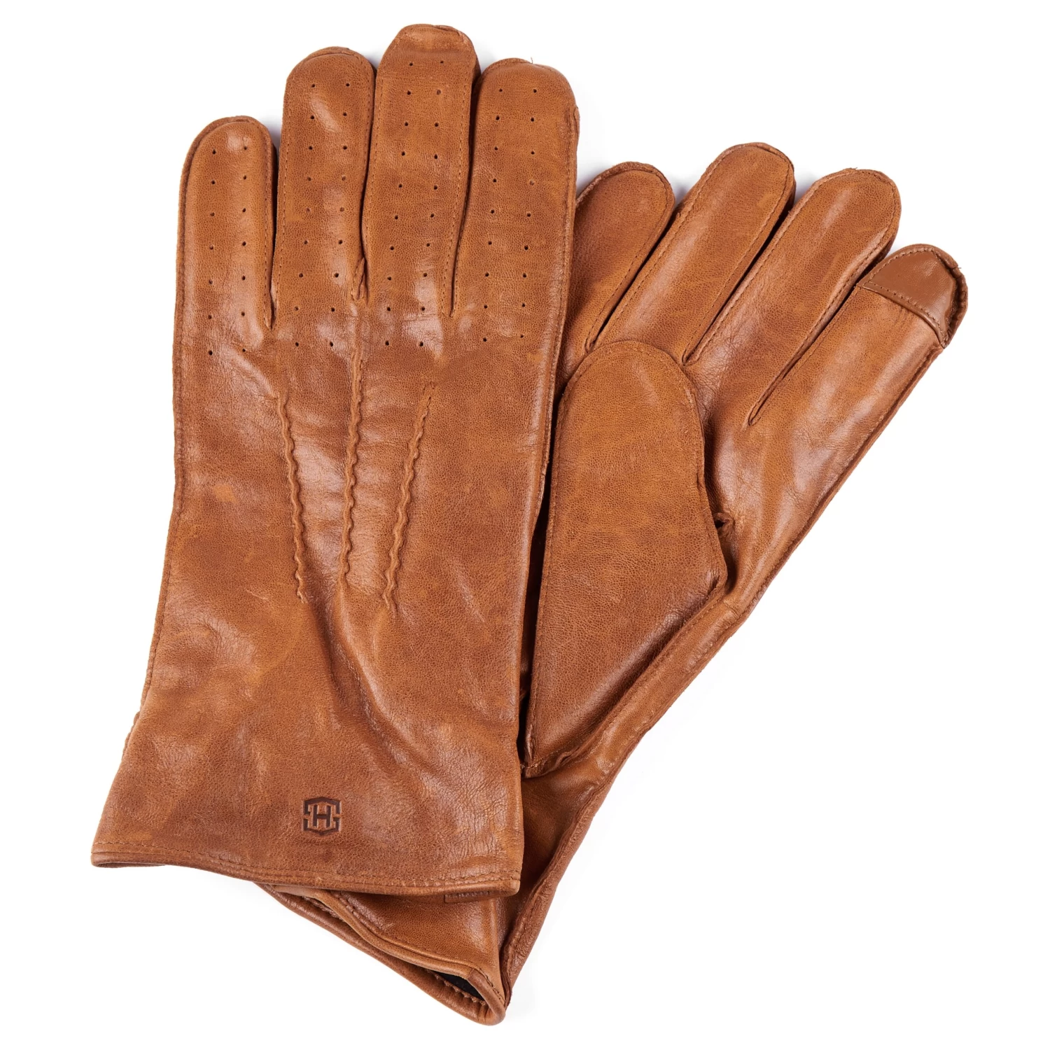 Cuffed Tan Perforated Touchscreen Compatible Sheep Leather Gloves