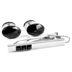 Silver-Tone & Black Stone Cufflinks & Tie Clip Set