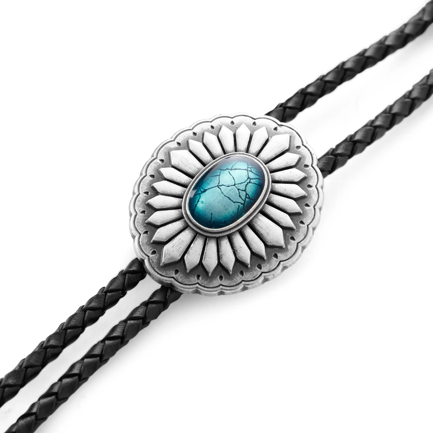 Turquoise Stone & Metal Adjustable Braided Leather Bolo Tie - Image 3