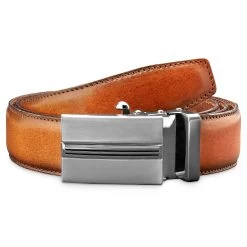 Vintage Cognac Brown Italian Leather Auto-lock Belt