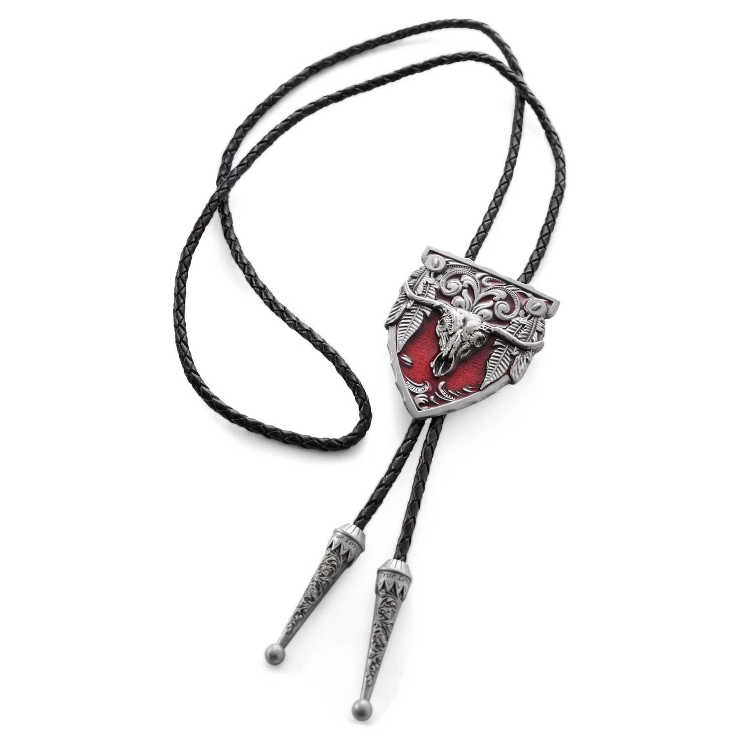 Red & Metal Longhorn Adjustable Braided Leather Bolo Tie - Image 2