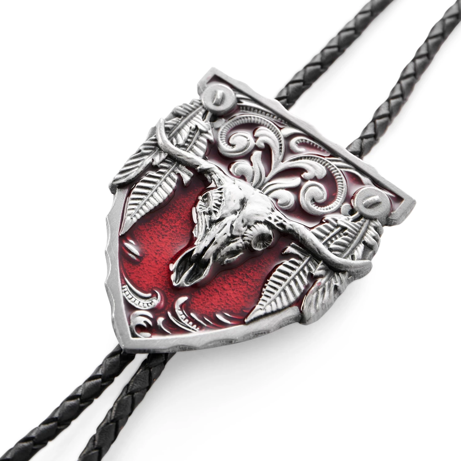 Red & Metal Longhorn Adjustable Braided Leather Bolo Tie - Image 3