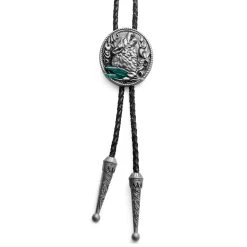 Green & Metal Wolf Adjustable Braided Leather Bolo Tie