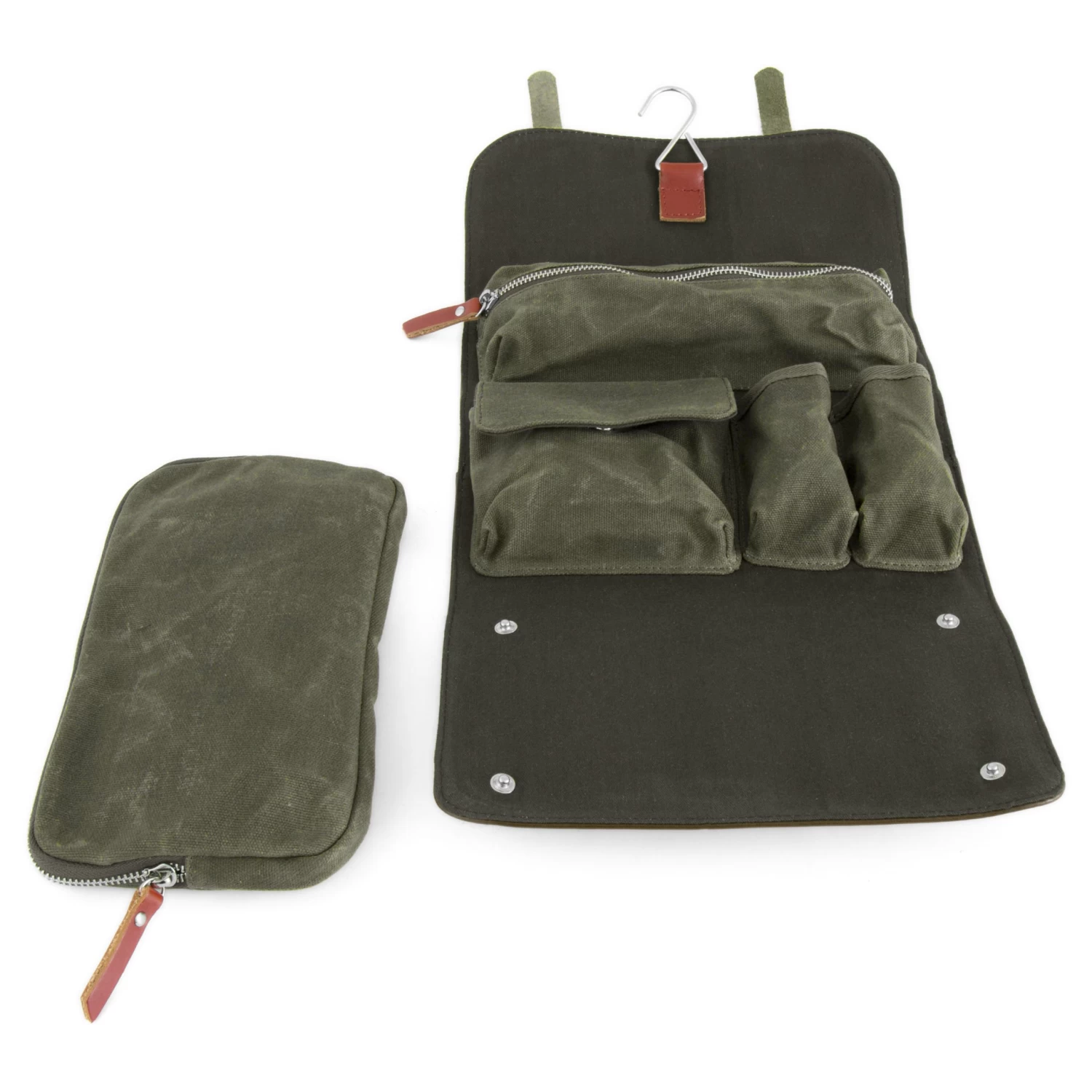 Olive Waxed Canvas Roll Out Wash Bag - Image 2