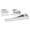 Silver-Tone Solid Modern Cufflinks & Tie Clip Set