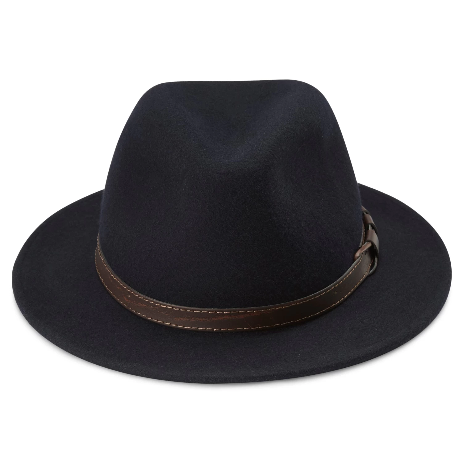 Moda | Navy Blue Wool Flat Brim Fedora Hat - Image 2