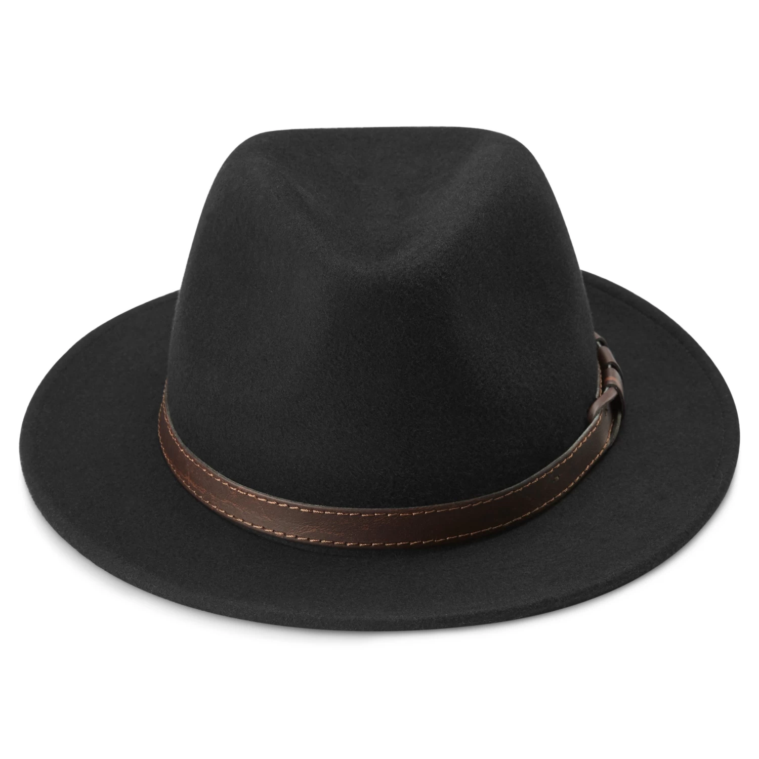 Moda | Black Flat Brim Wool Fedora Hat With Vegan Leather Band - Image 2