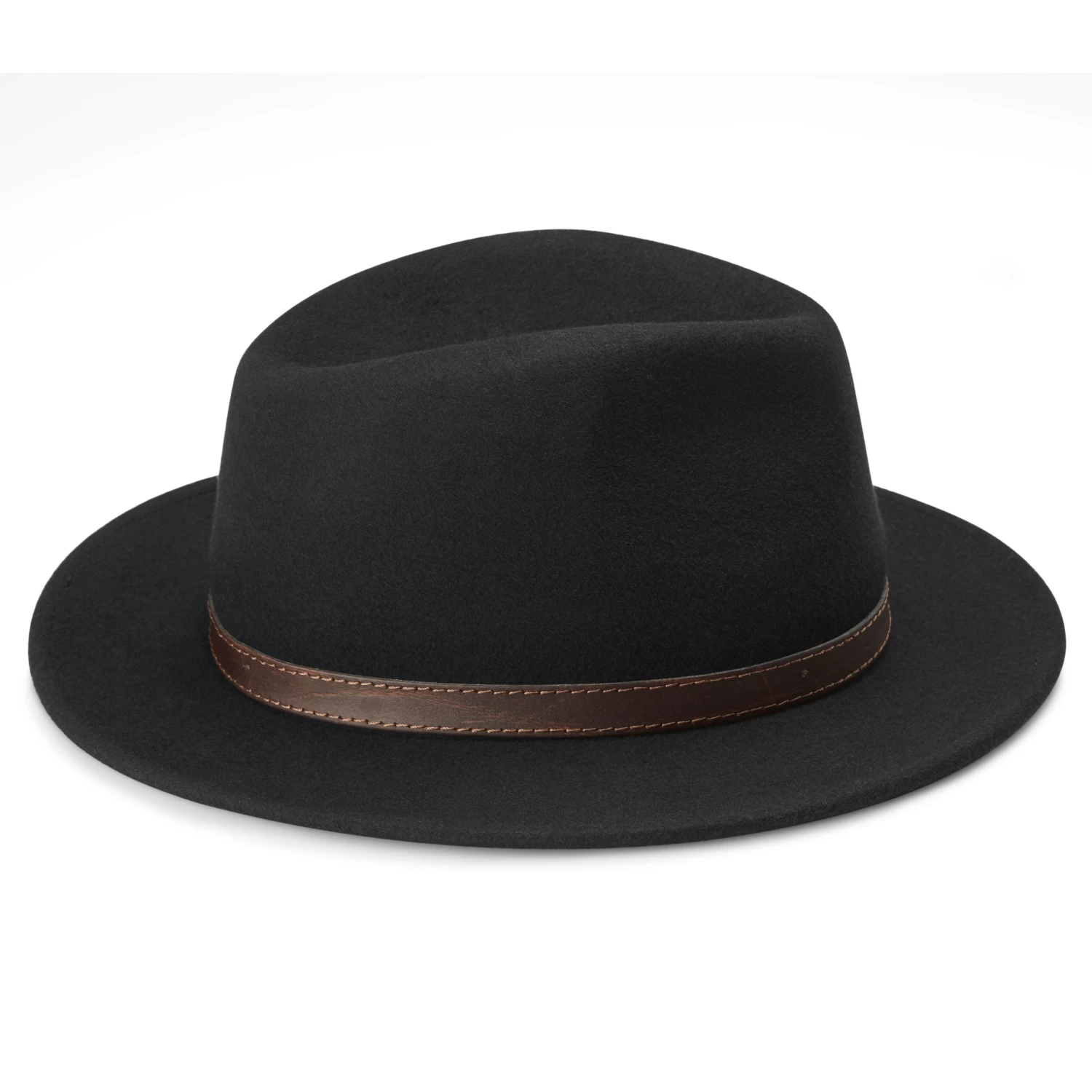 Moda | Black Flat Brim Wool Fedora Hat With Vegan Leather Band - Image 5