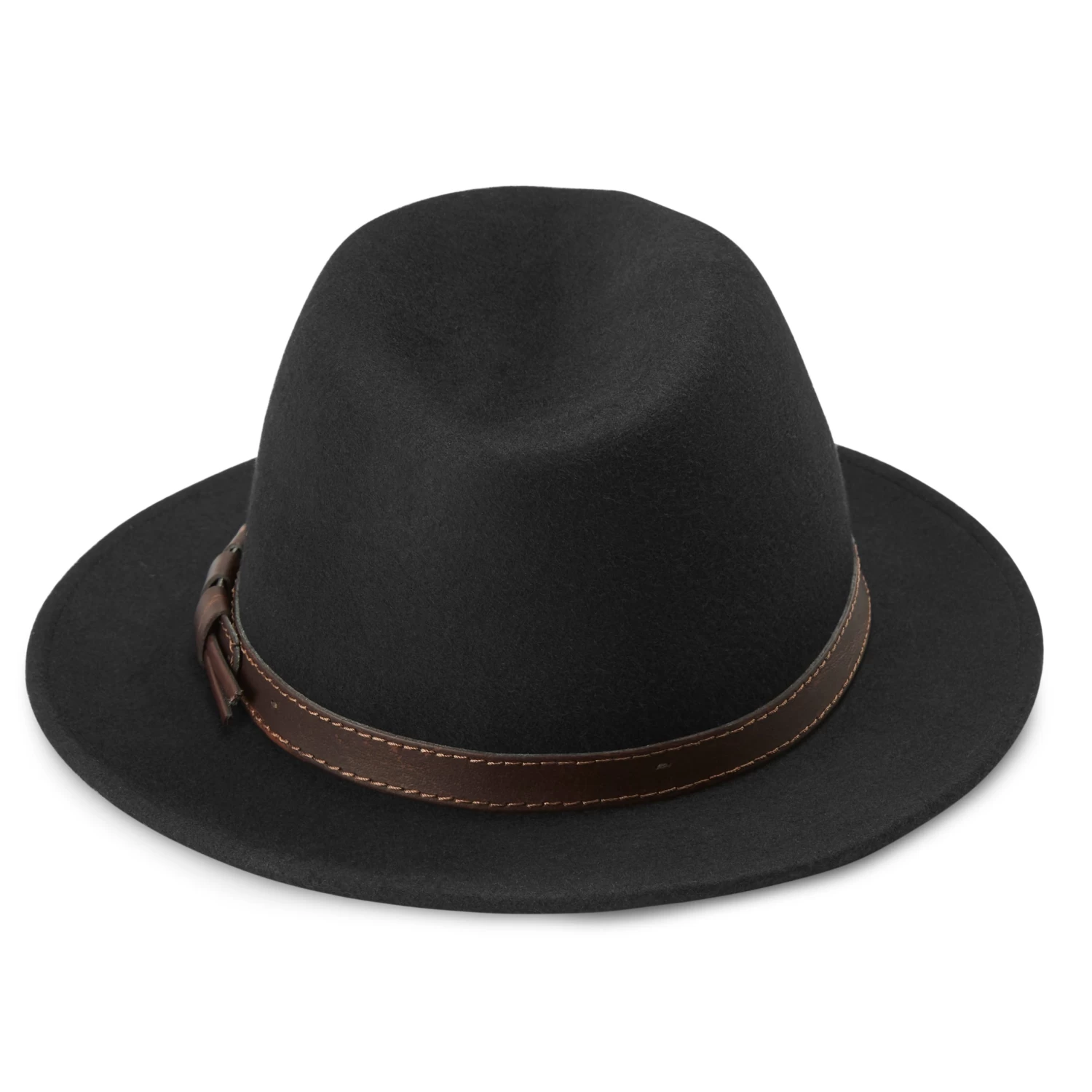 Moda | Black Flat Brim Wool Fedora Hat With Vegan Leather Band - Image 6