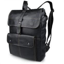 Black Leather Backpack With Stitch Details