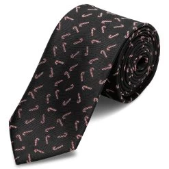 Black Christmas Candy Cane Pattern Polyester Tie