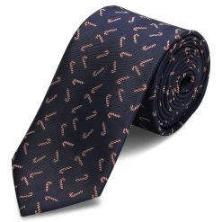 Navy Blue Christmas Candy Cane Pattern Polyester Tie
