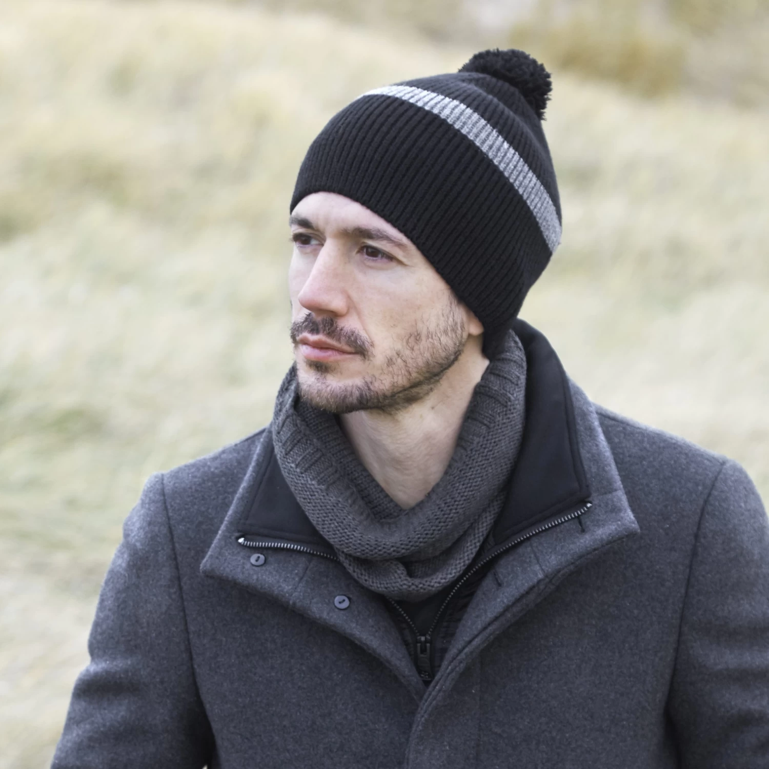 Montagna | Black & Camouflage Grey Fine Knitted Beanie With Tassel - Image 3