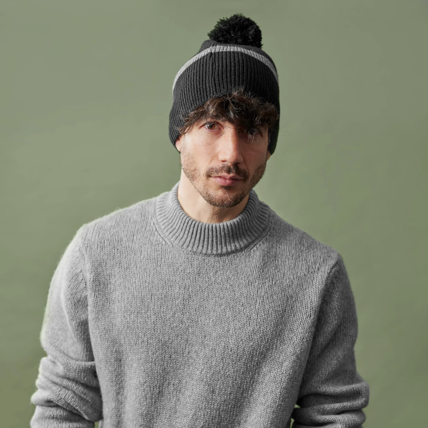 Montagna | Black & Camouflage Grey Fine Knitted Beanie With Tassel - Image 4