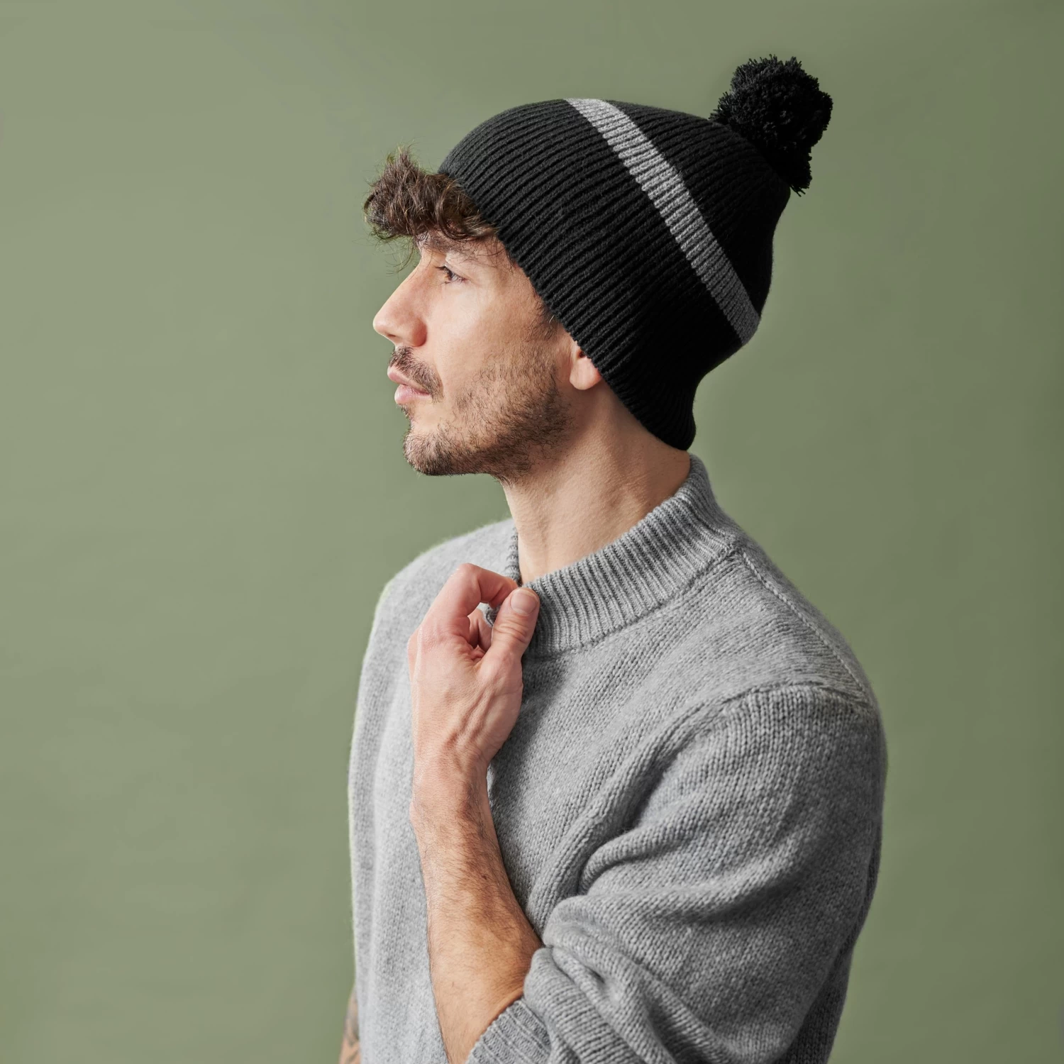 Montagna | Black & Camouflage Grey Fine Knitted Beanie With Tassel - Image 5