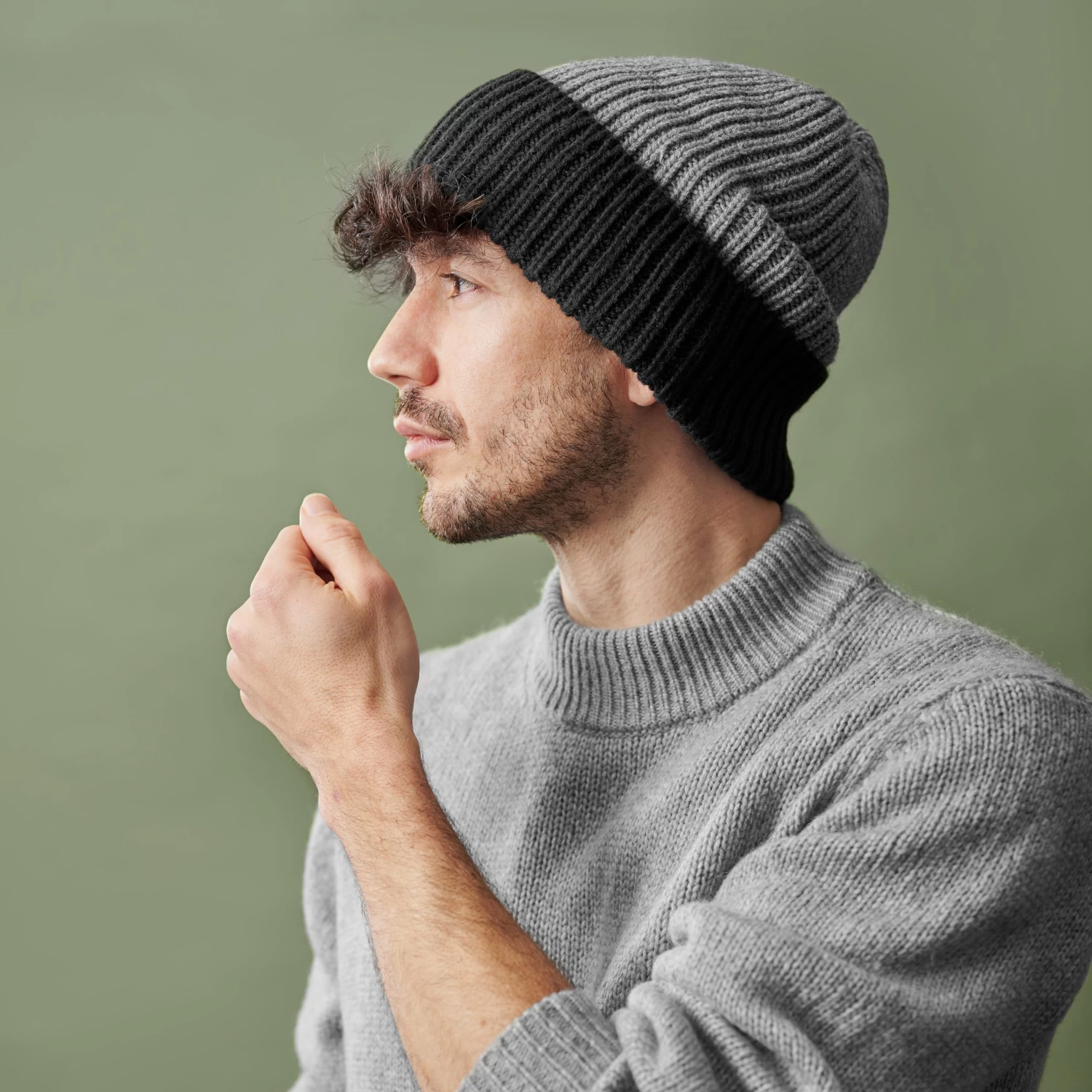 Montagna | Black & Camouflage Grey Chunky Knitted Rib Beanie - Image 5