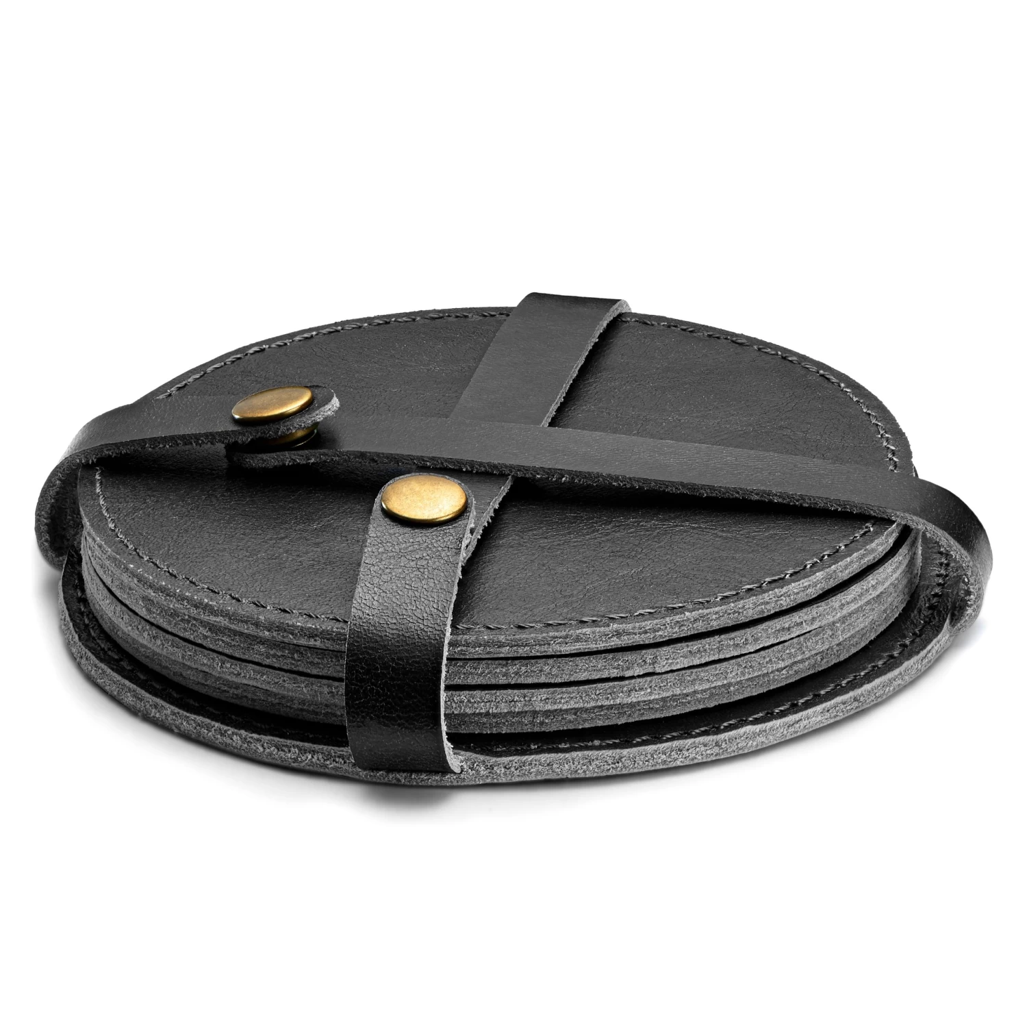 Leather Drinks Coasters And Holder X4 | Black & Round