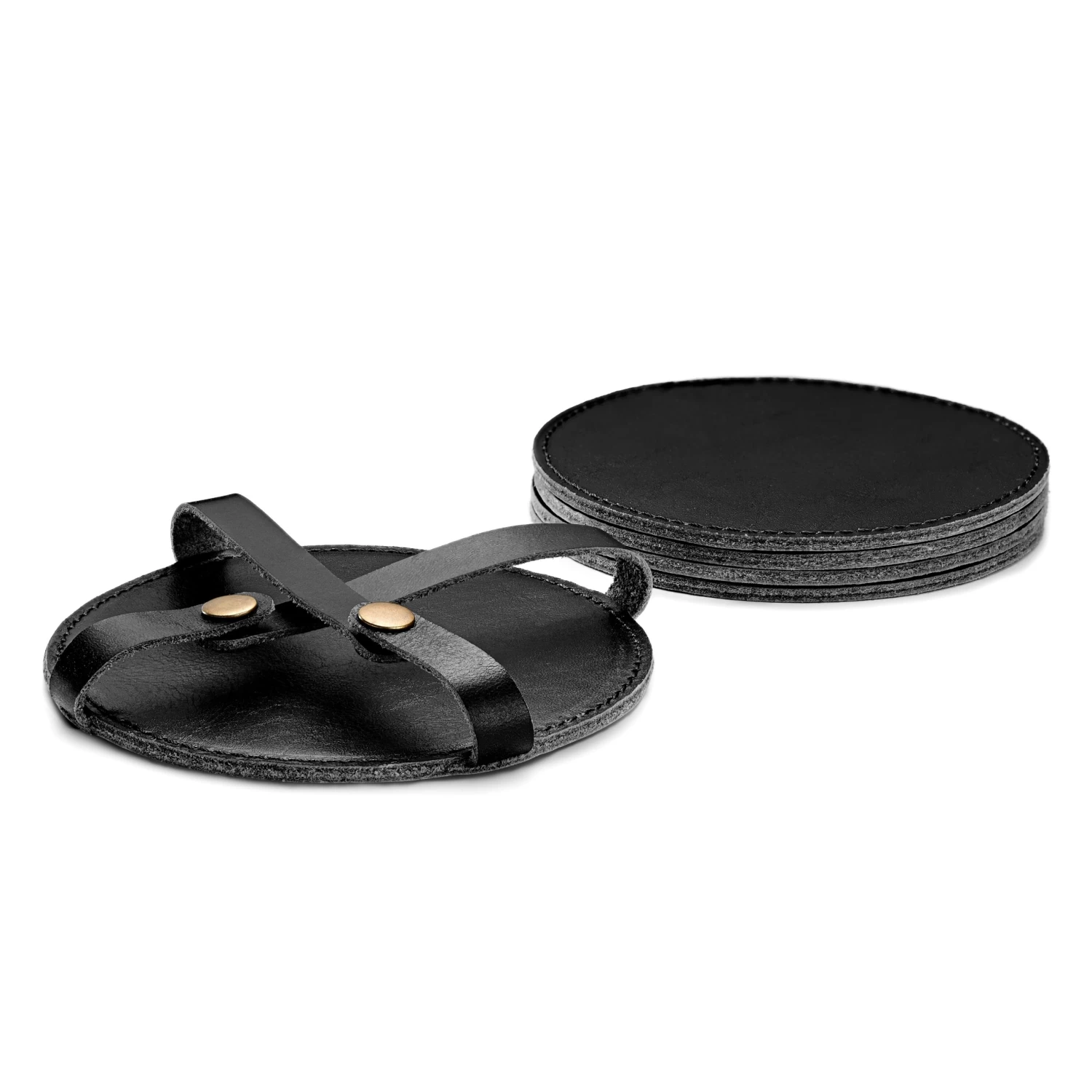 Leather Drinks Coasters And Holder X4 | Black & Round - Image 2