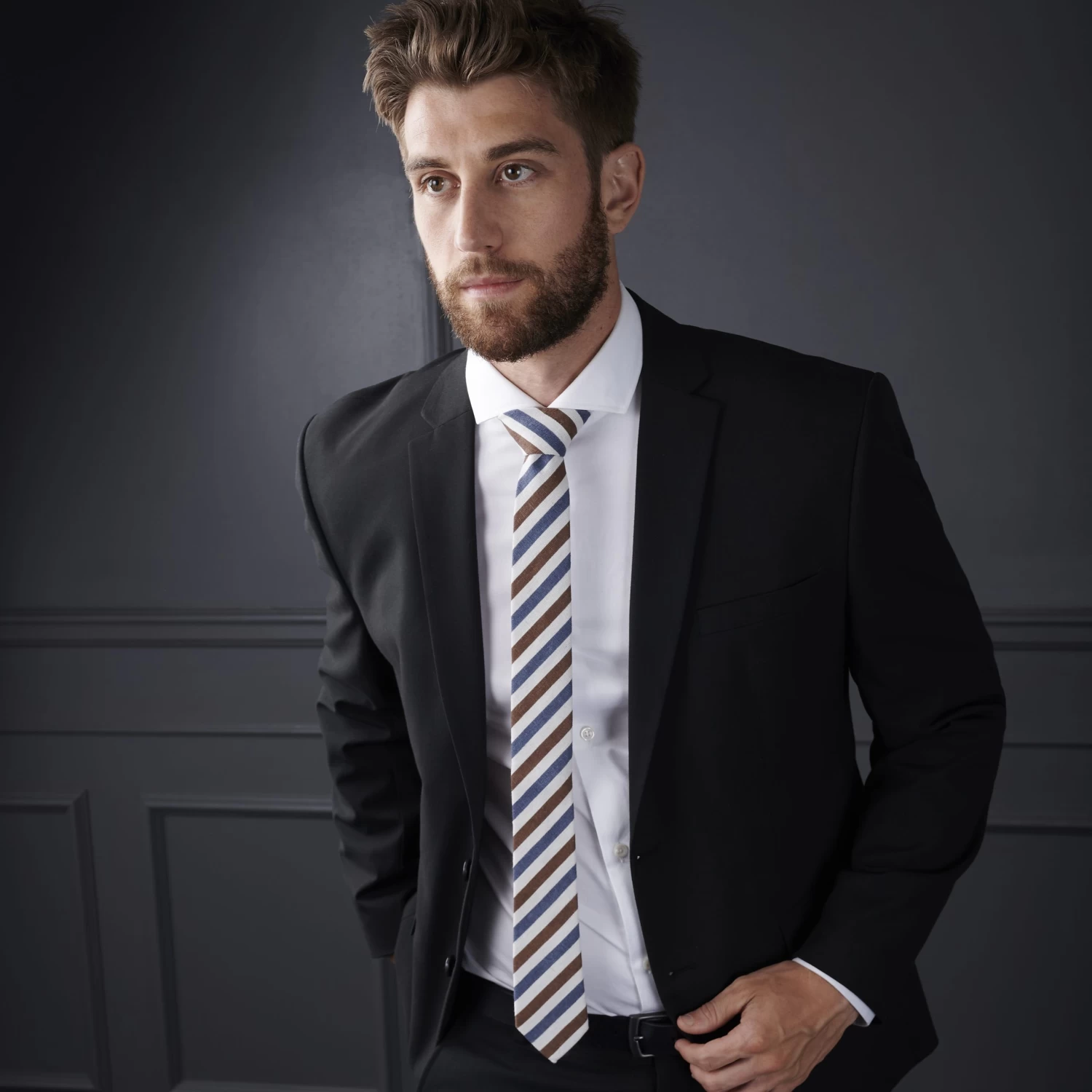 Blue & Brown Diagonal Striped Cotton & Flax Tie - Image 3