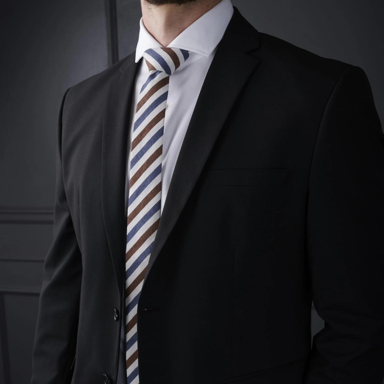 Blue & Brown Diagonal Striped Cotton & Flax Tie - Image 4