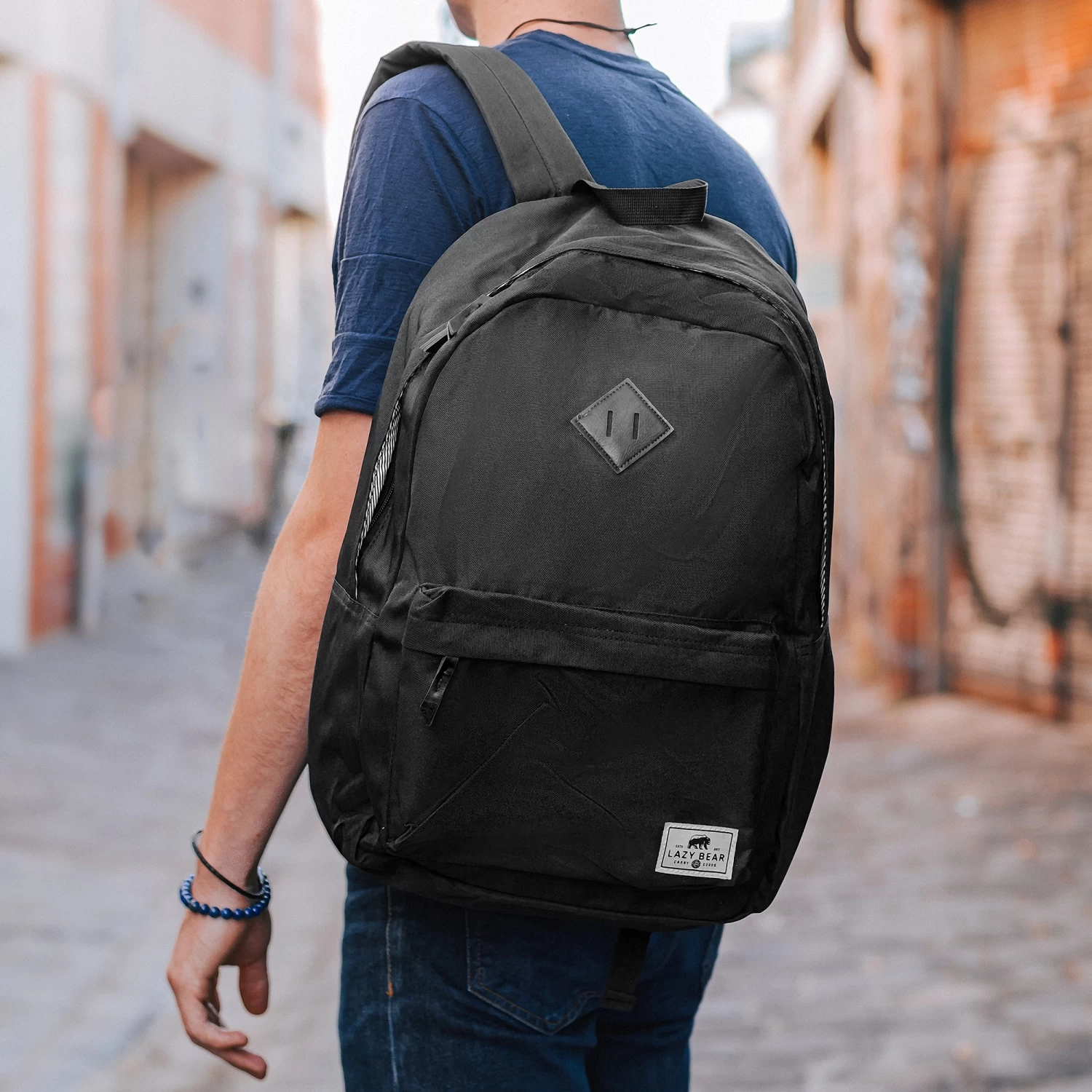 Lewis | Black Polyester & Faux Leather Simple Backpack - Image 9